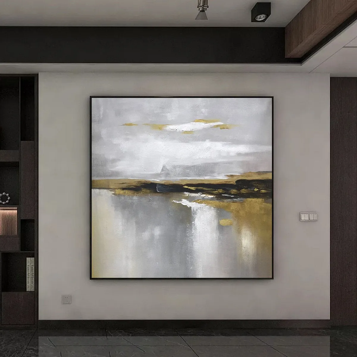 Large Gold Gray White Painting, Abstract Canvas Wall Art Office Decor Gp012