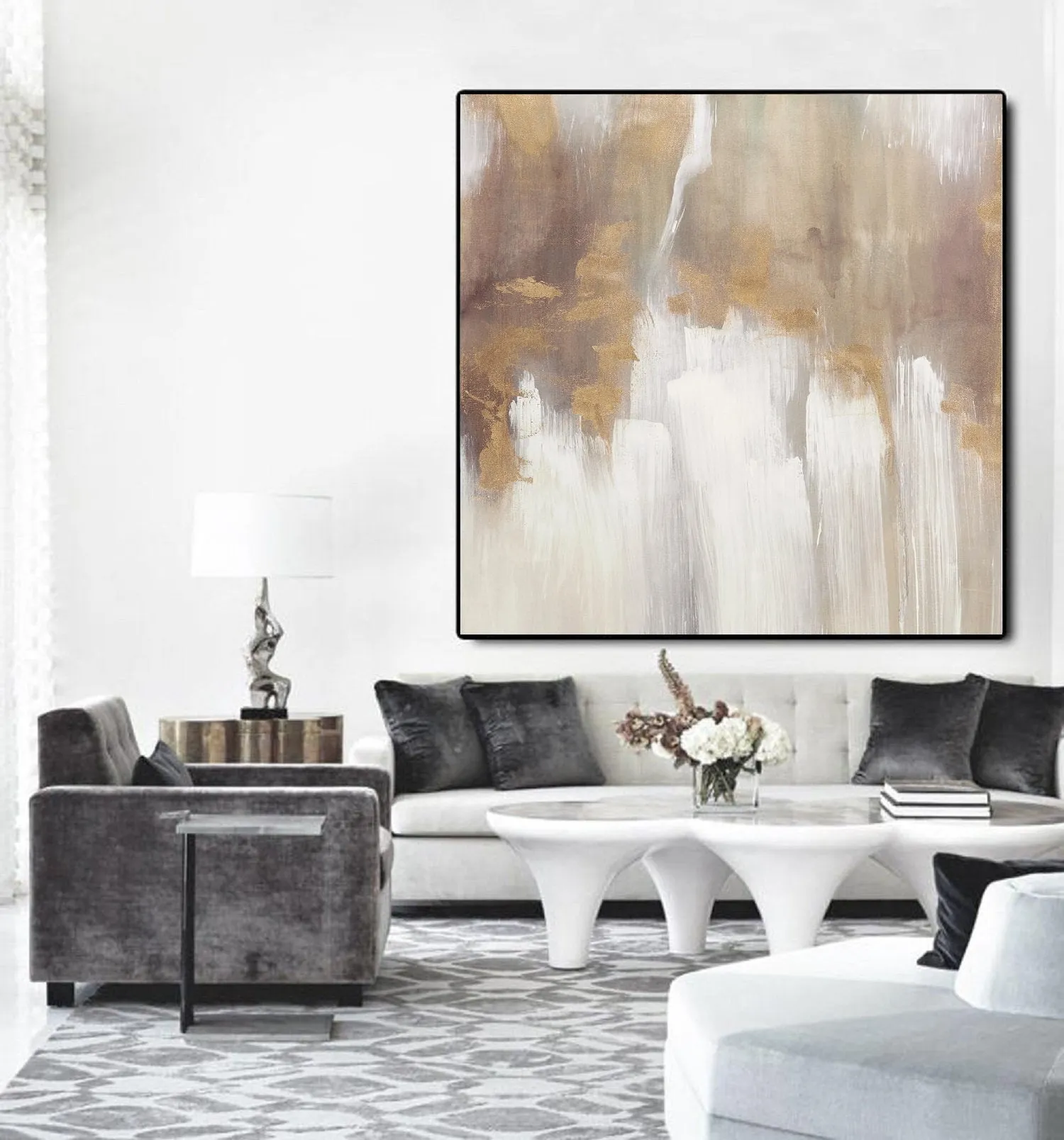 Large Gold White Abstract Painting Large Living Room Art Gp018