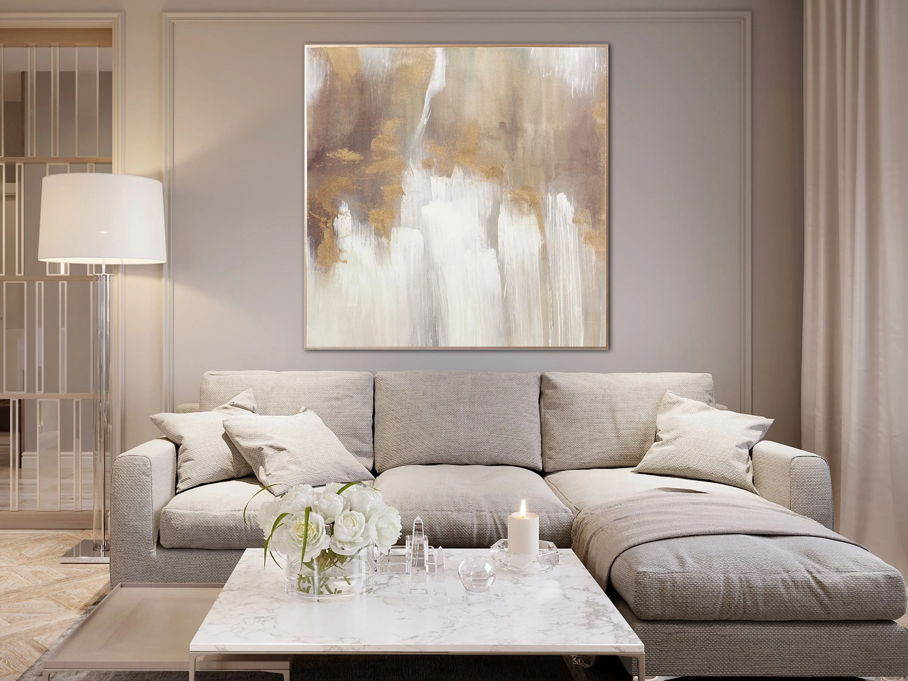 Large Gold White Abstract Painting Large Living Room Art Gp018