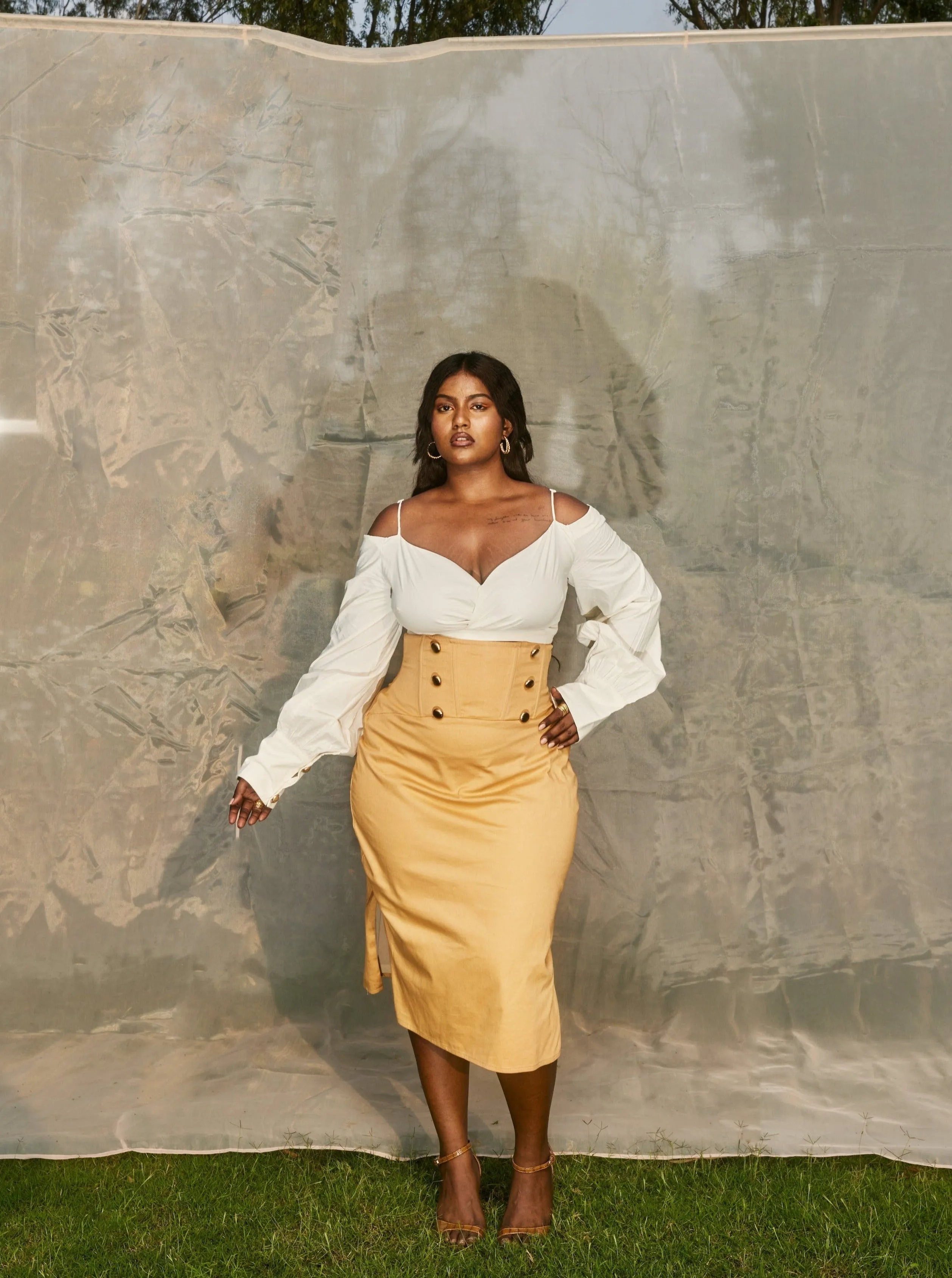 Lois White and Tan Corset Skirt and Shirt Set