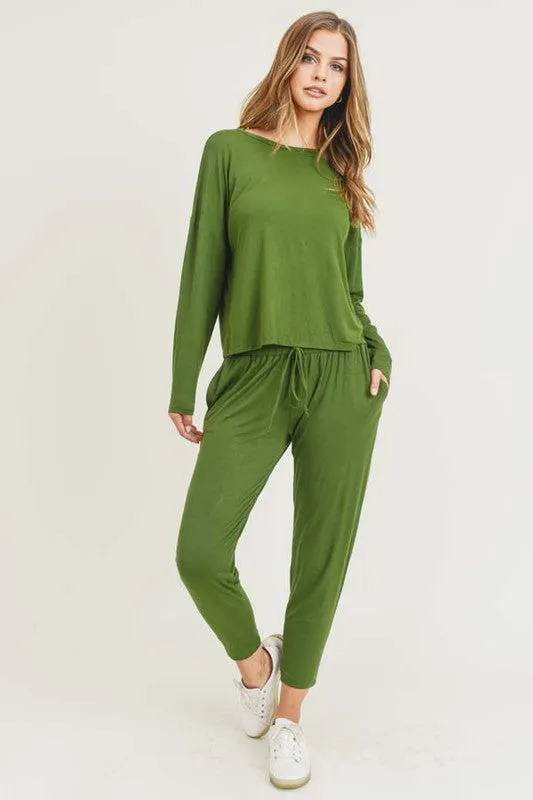 Long Sleeve Jogger Lounge Set-Olive Green