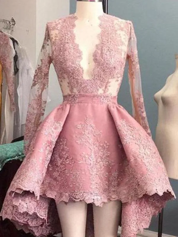 Long Sleeves Homecoming dress Pink Lace Cheap Homecoming Dress ER012