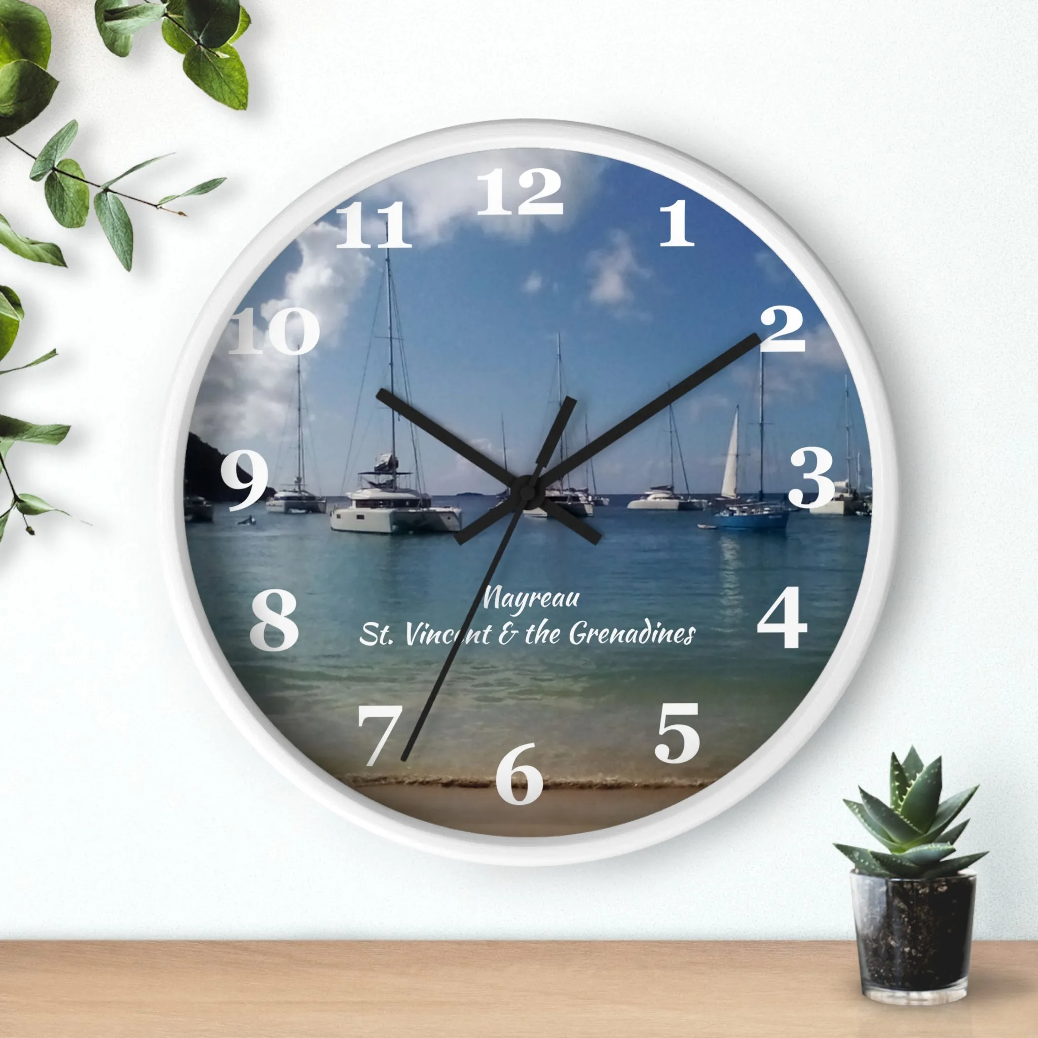 Mayreau Beach Wall Clock, 10 inch round wall clock showing a picture of Mayreau beach in St. Vincent and the Grenadines