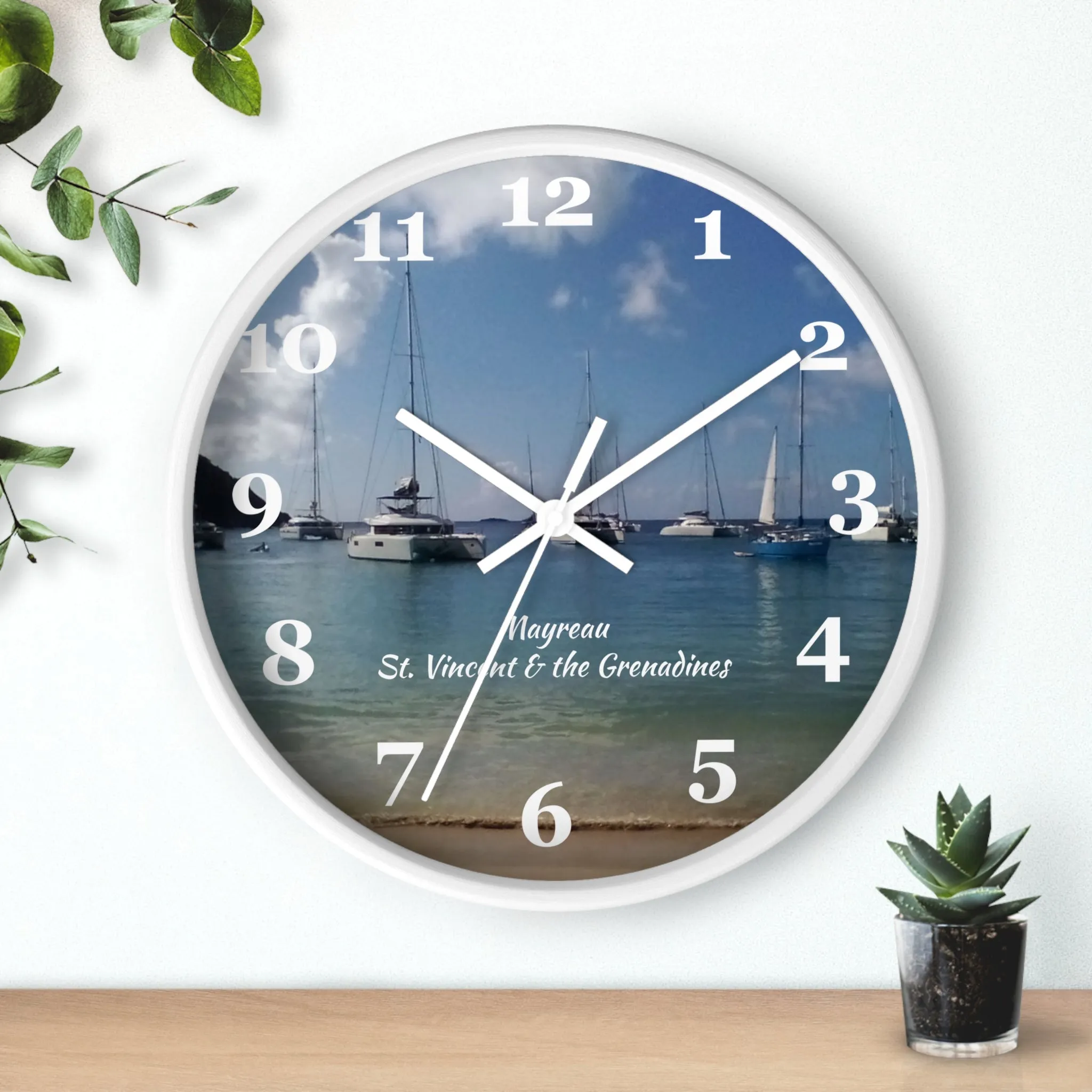 Mayreau Beach Wall Clock, 10 inch round wall clock showing a picture of Mayreau beach in St. Vincent and the Grenadines