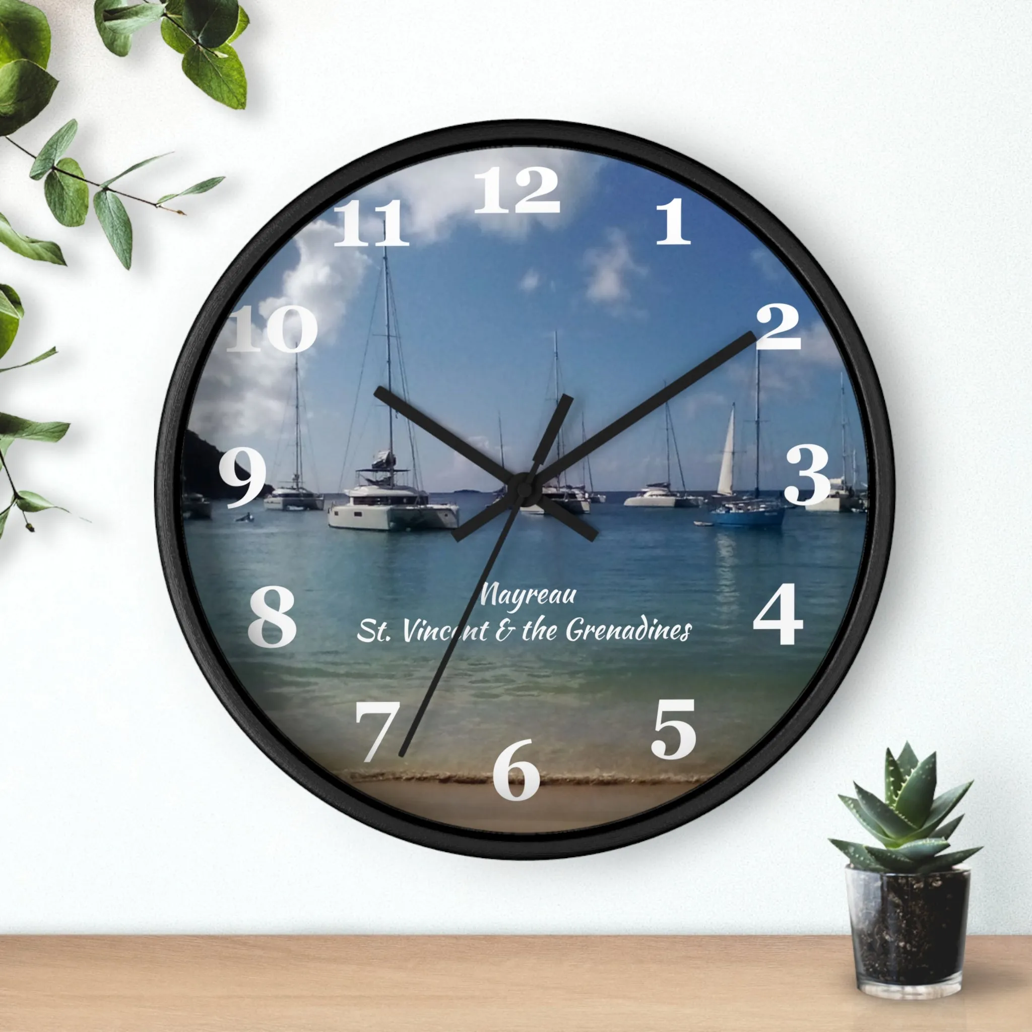 Mayreau Beach Wall Clock, 10 inch round wall clock showing a picture of Mayreau beach in St. Vincent and the Grenadines