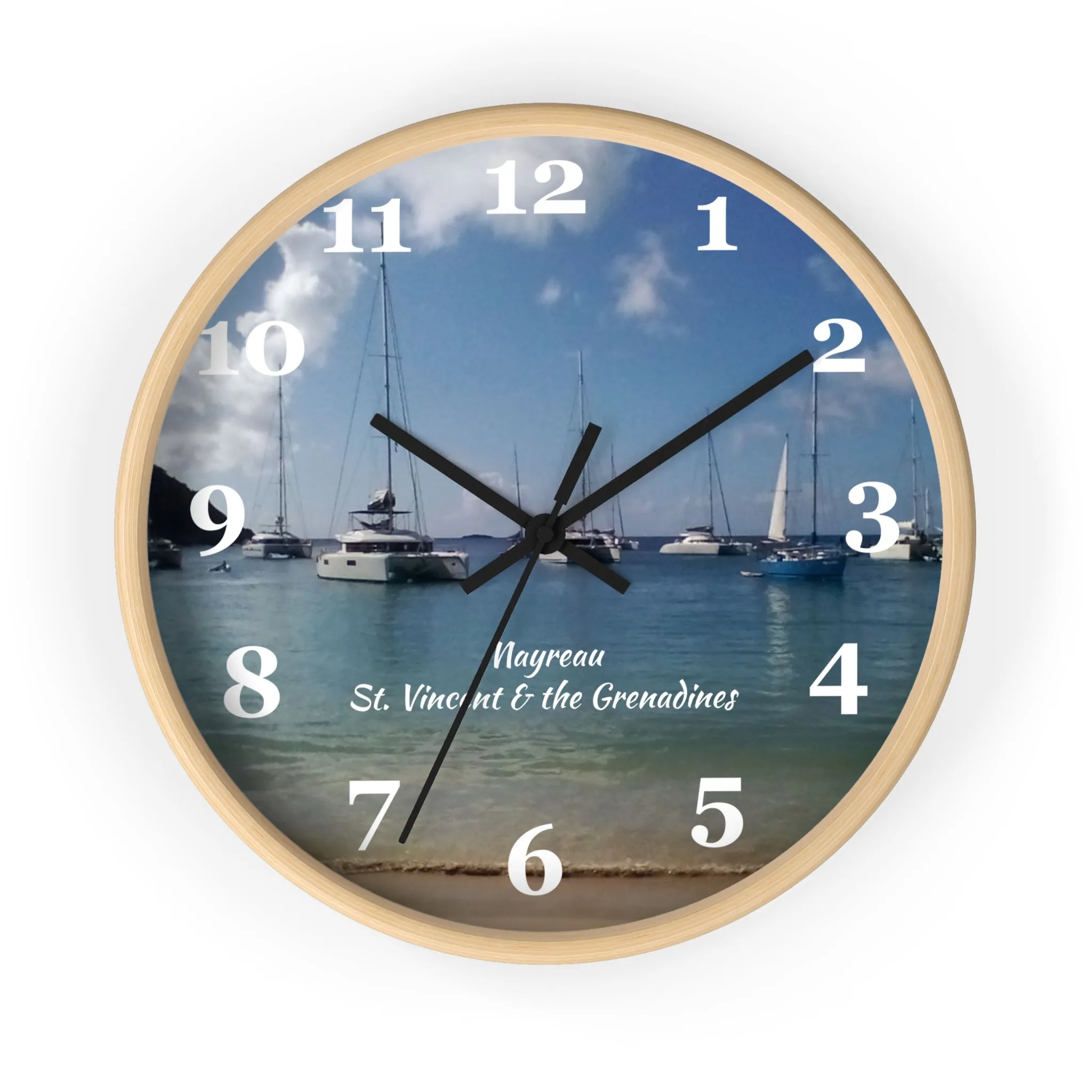 Mayreau Beach Wall Clock, 10 inch round wall clock showing a picture of Mayreau beach in St. Vincent and the Grenadines