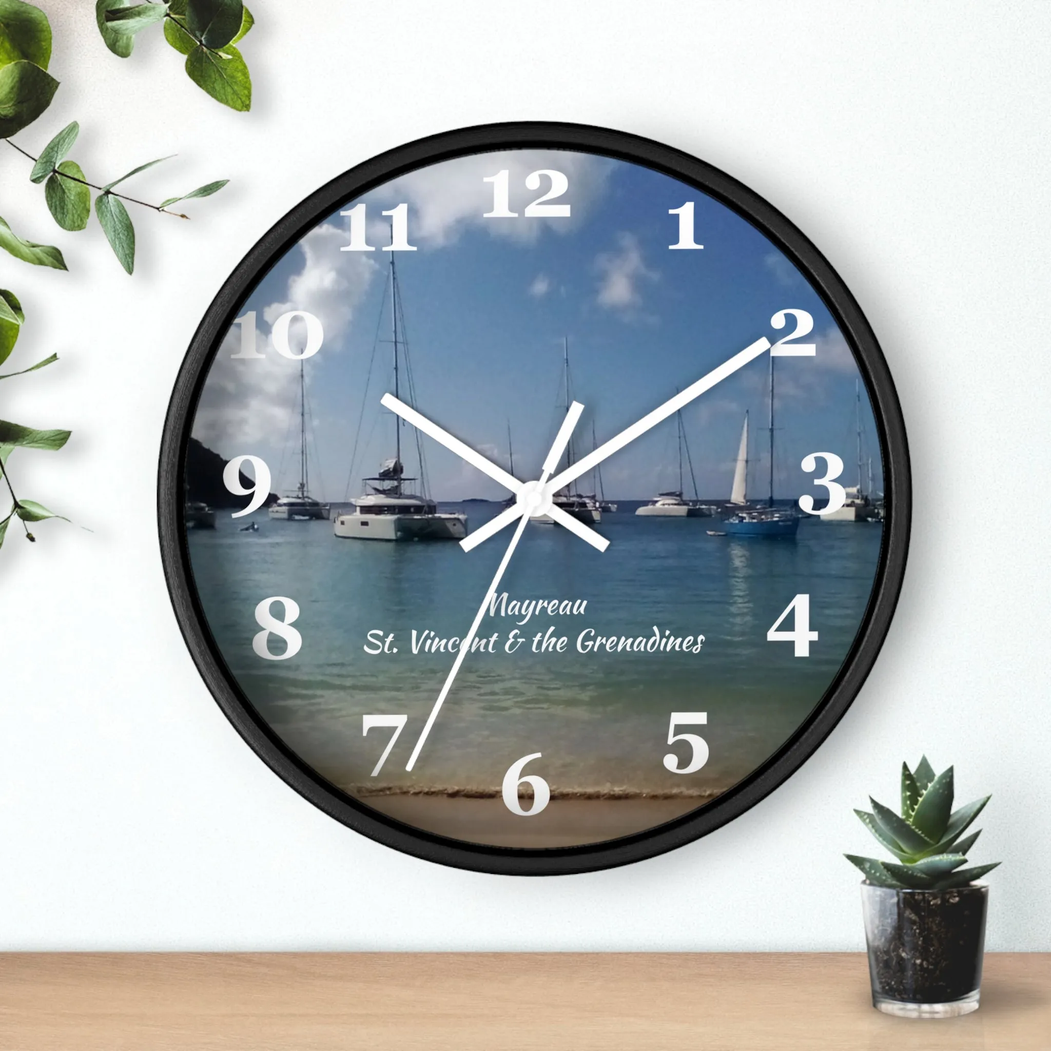 Mayreau Beach Wall Clock, 10 inch round wall clock showing a picture of Mayreau beach in St. Vincent and the Grenadines