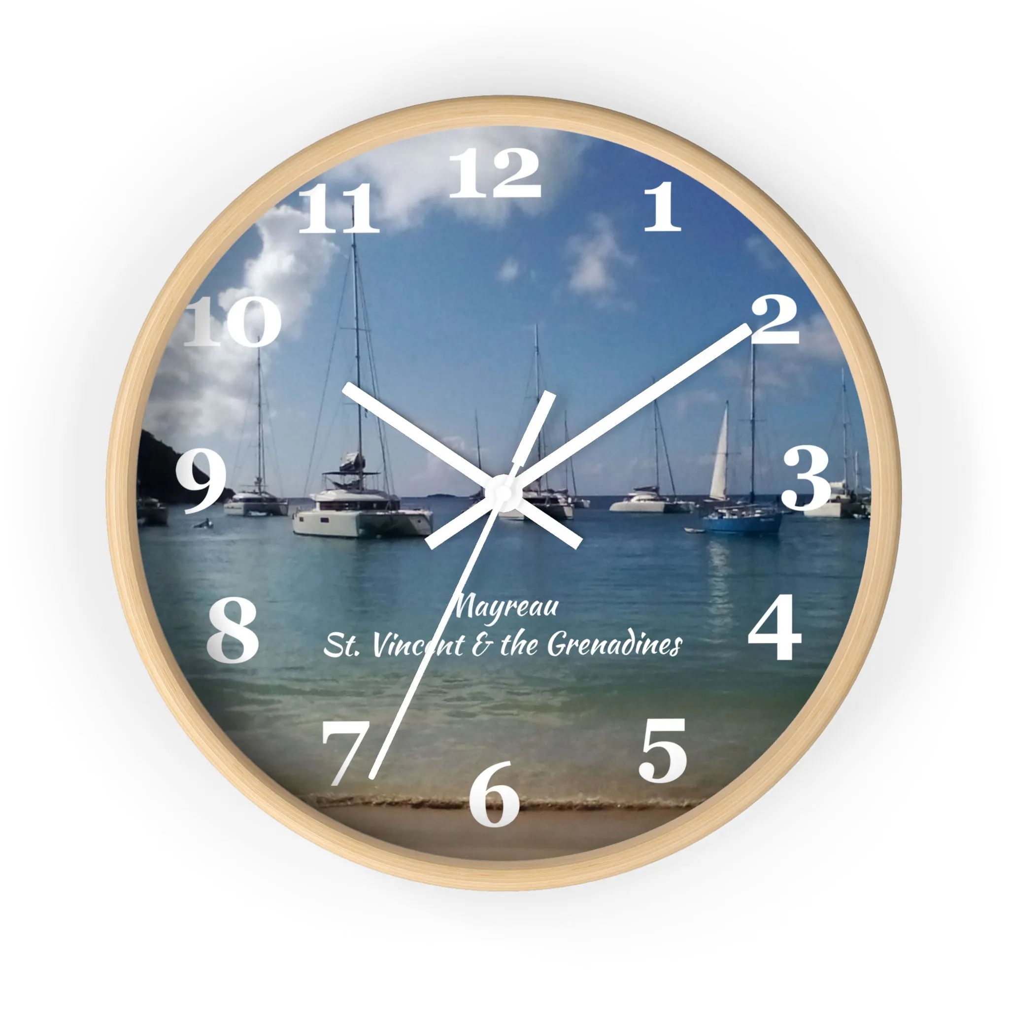 Mayreau Beach Wall Clock, 10 inch round wall clock showing a picture of Mayreau beach in St. Vincent and the Grenadines