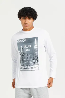 Men White Long Sleeve  Printed T-shirt