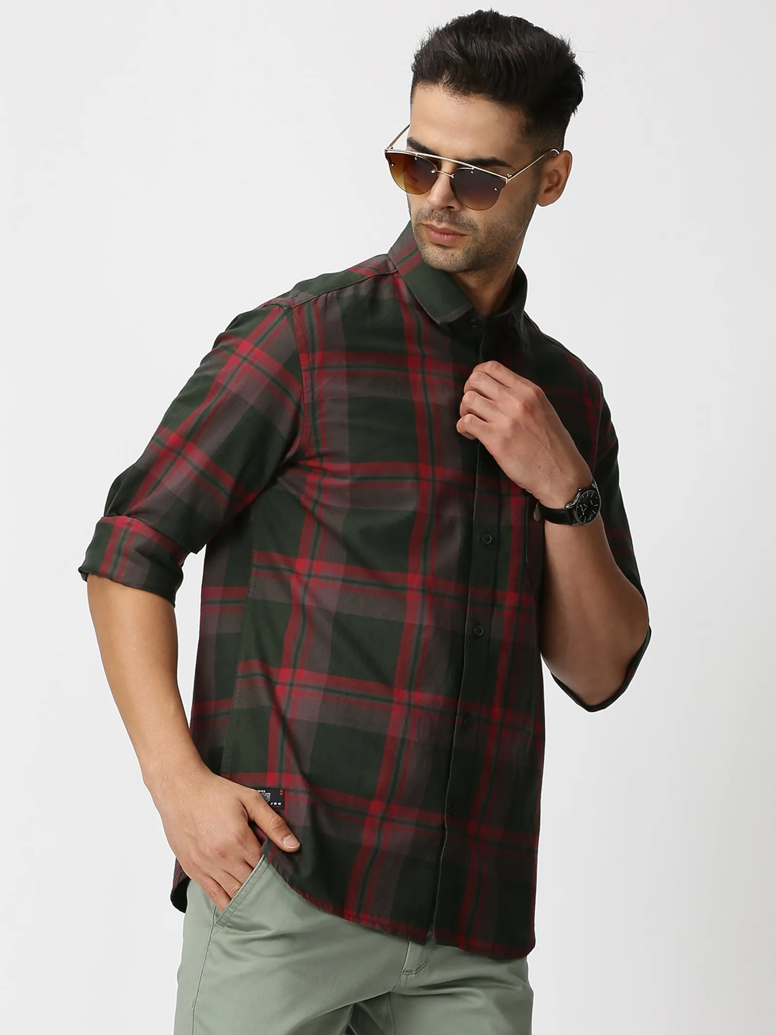 MEN'S GREEN CHECKS SLIM FIT SHIRT