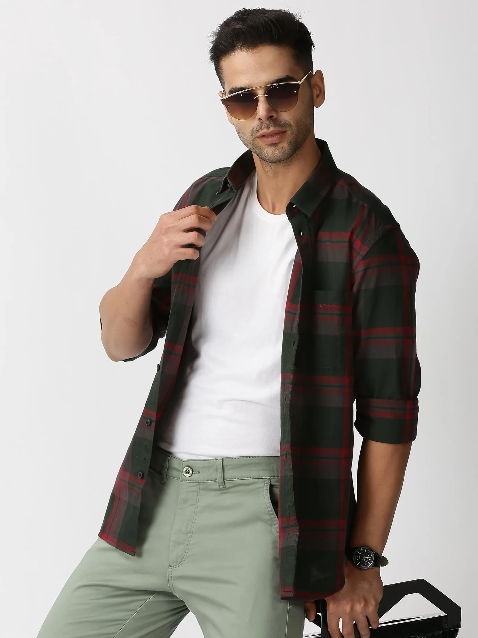 MEN'S GREEN CHECKS SLIM FIT SHIRT