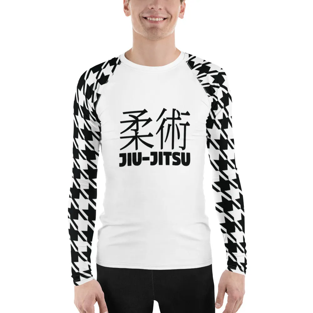 Old School Chic: Men's Classic Jiu-Jitsu Houndstooth BJJ Rash Guard Blanc