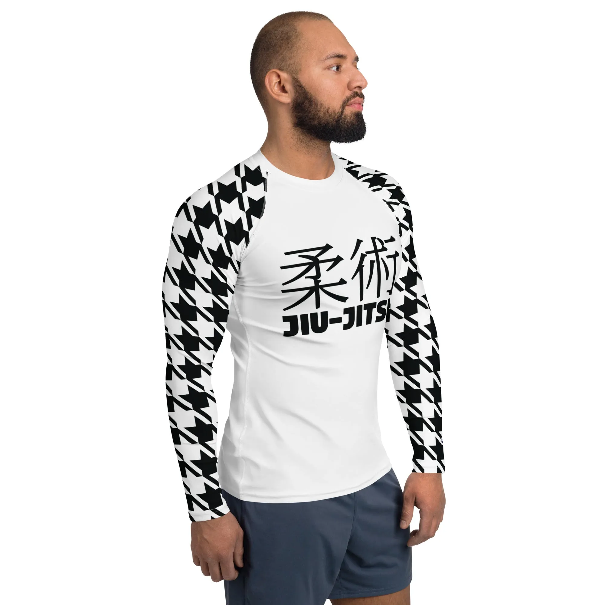 Old School Chic: Men's Classic Jiu-Jitsu Houndstooth BJJ Rash Guard Blanc