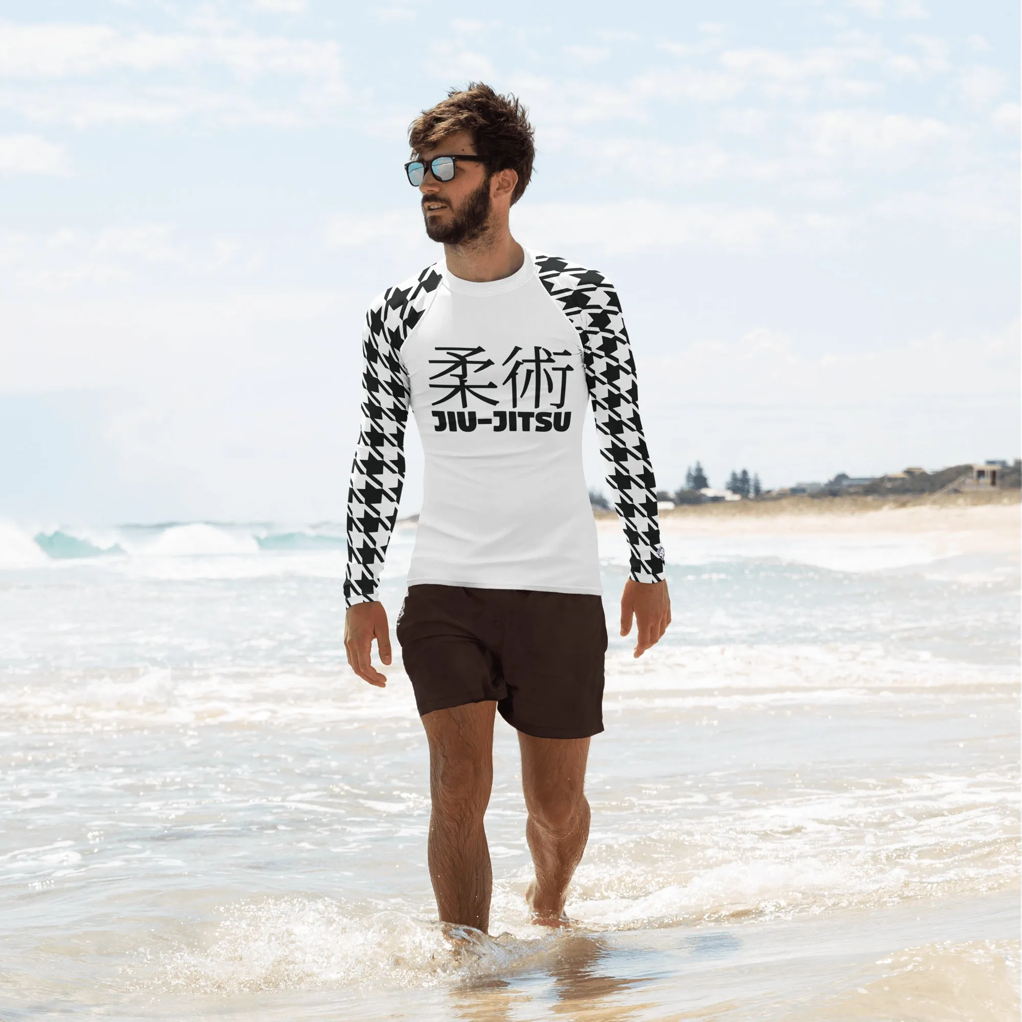 Old School Chic: Men's Classic Jiu-Jitsu Houndstooth BJJ Rash Guard Blanc