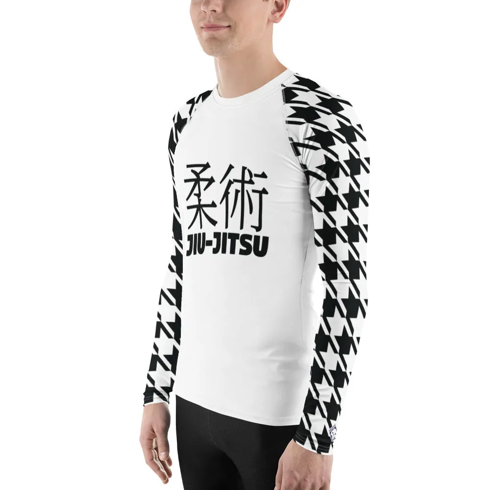 Old School Chic: Men's Classic Jiu-Jitsu Houndstooth BJJ Rash Guard Blanc