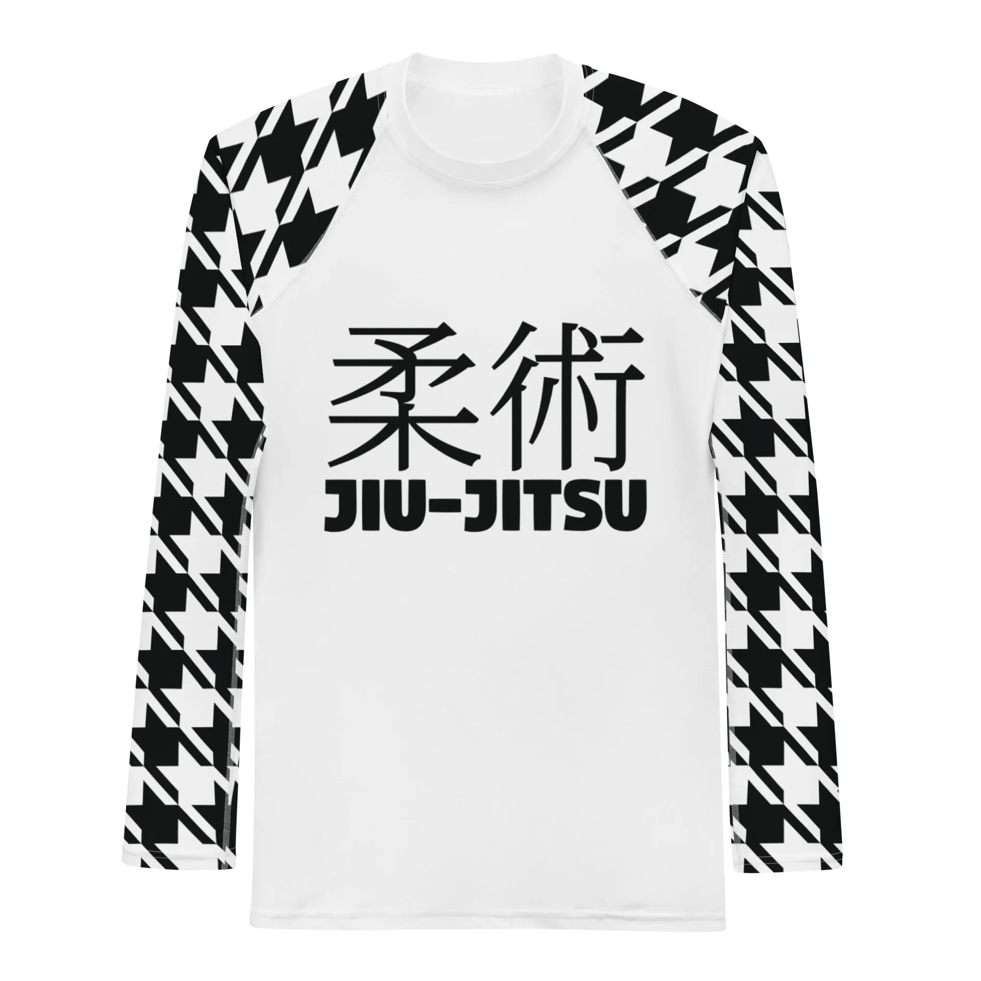 Old School Chic: Men's Classic Jiu-Jitsu Houndstooth BJJ Rash Guard Blanc