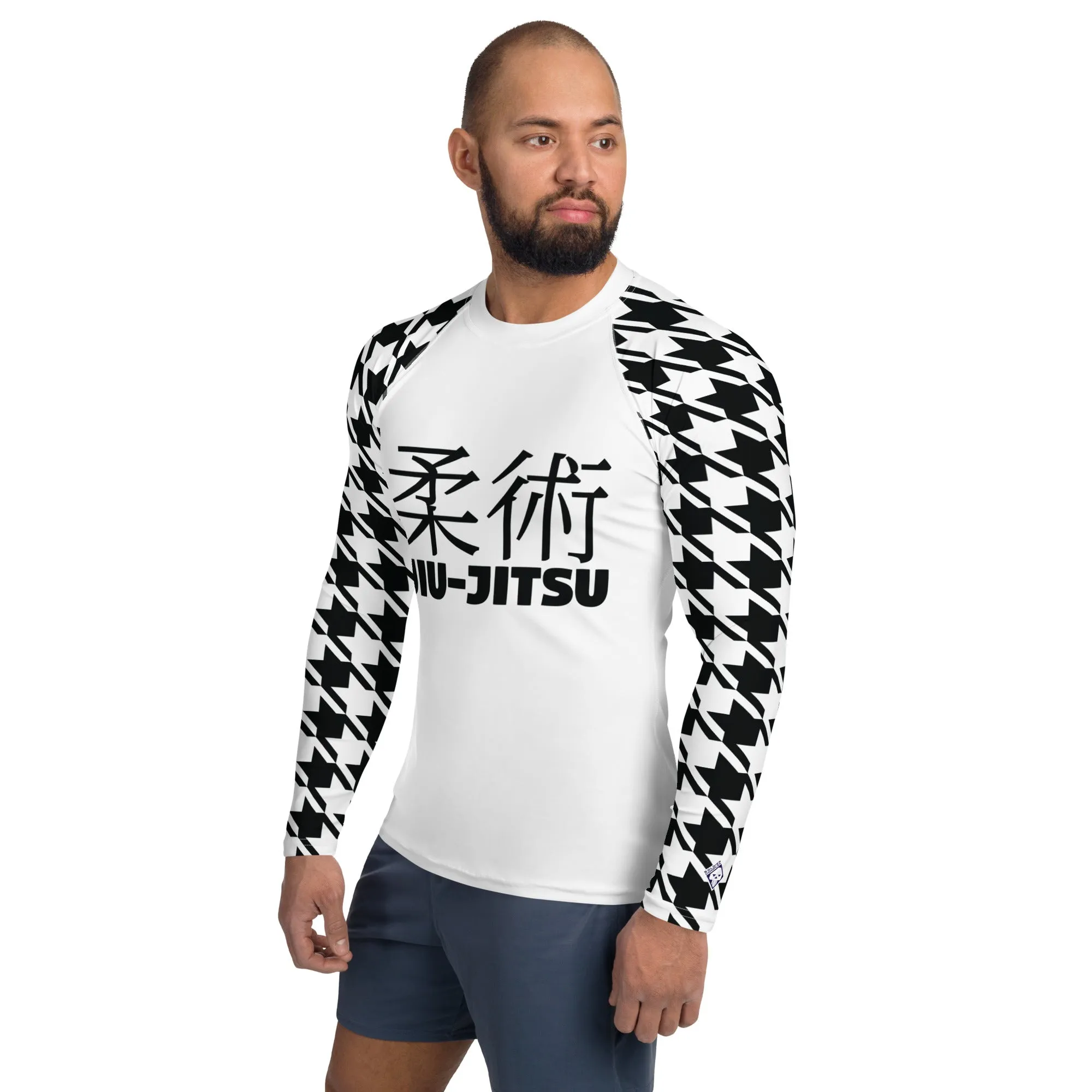 Old School Chic: Men's Classic Jiu-Jitsu Houndstooth BJJ Rash Guard Blanc