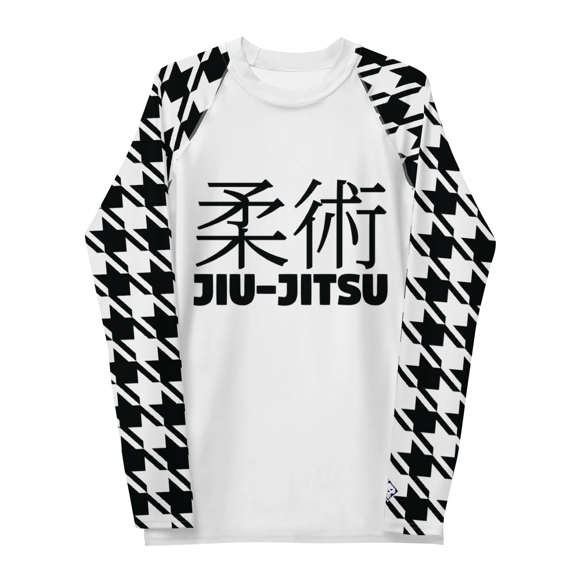 Old School Chic: Men's Classic Jiu-Jitsu Houndstooth BJJ Rash Guard Blanc