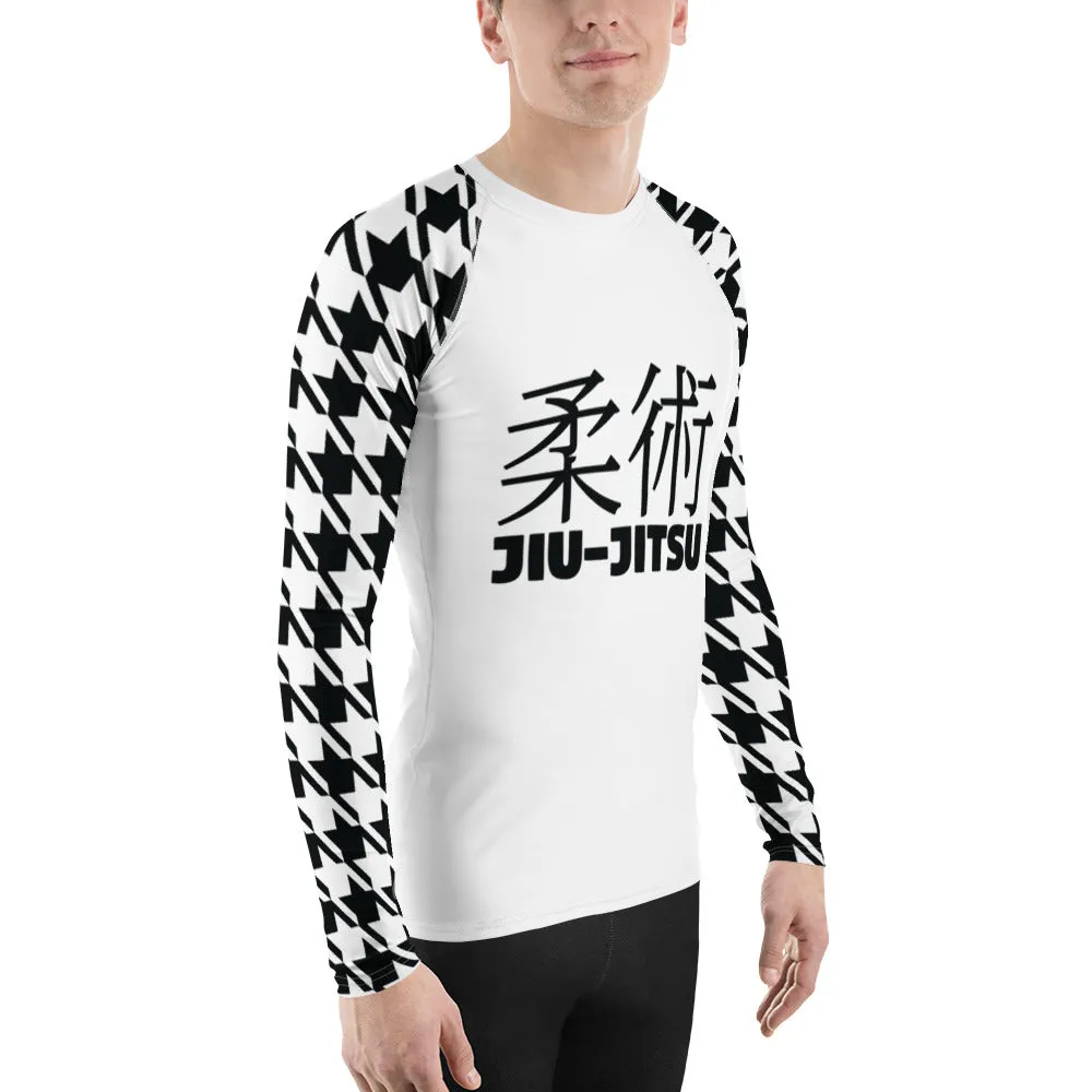 Old School Chic: Men's Classic Jiu-Jitsu Houndstooth BJJ Rash Guard Blanc