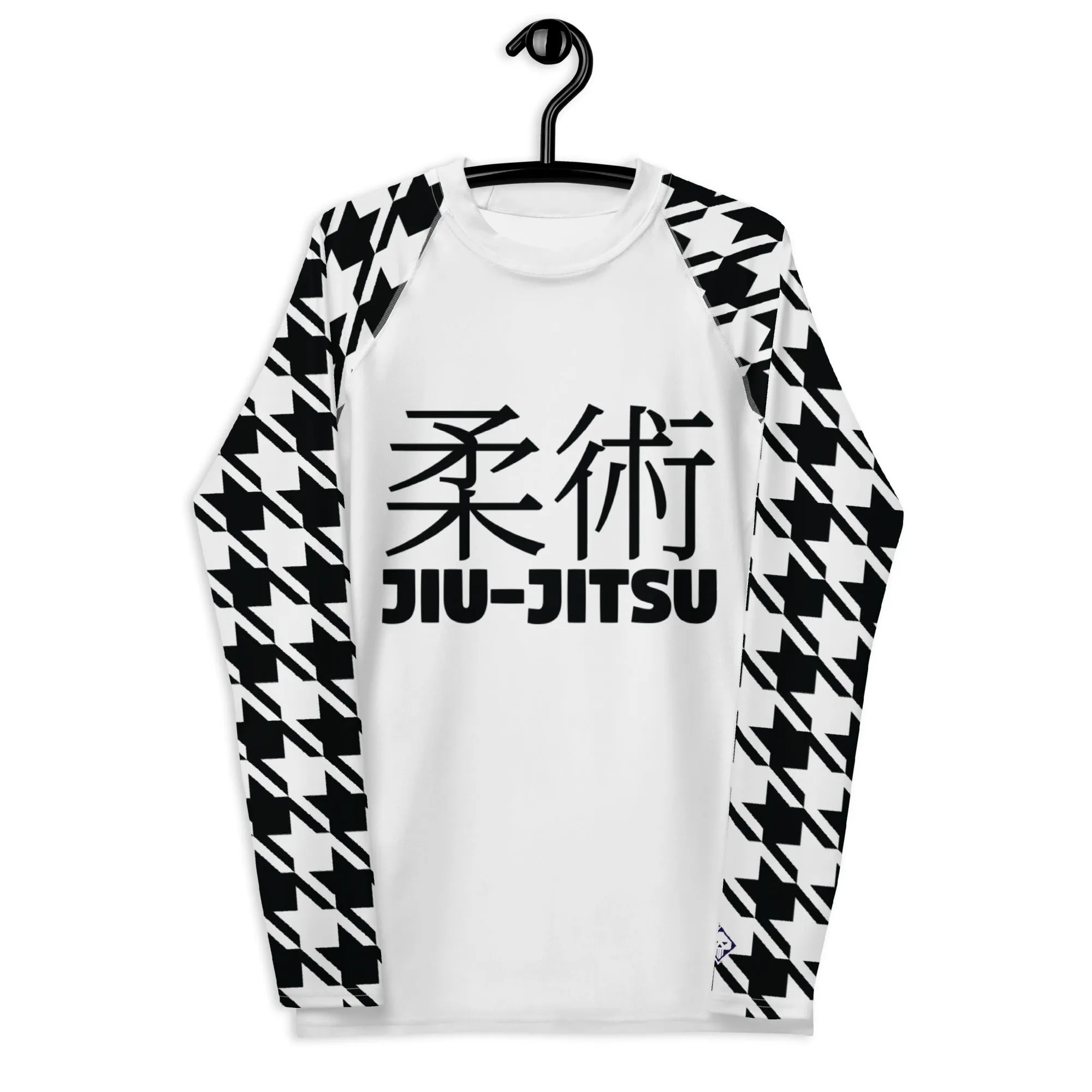 Old School Chic: Men's Classic Jiu-Jitsu Houndstooth BJJ Rash Guard Blanc