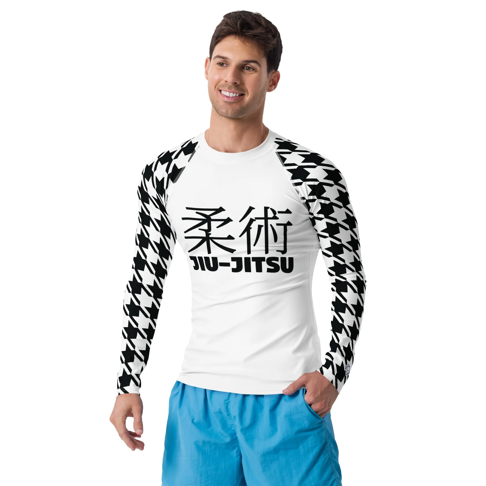 Old School Chic: Men's Classic Jiu-Jitsu Houndstooth BJJ Rash Guard Blanc