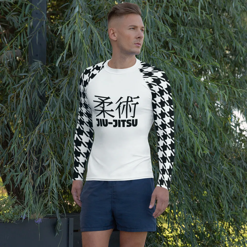 Old School Chic: Men's Classic Jiu-Jitsu Houndstooth BJJ Rash Guard Blanc