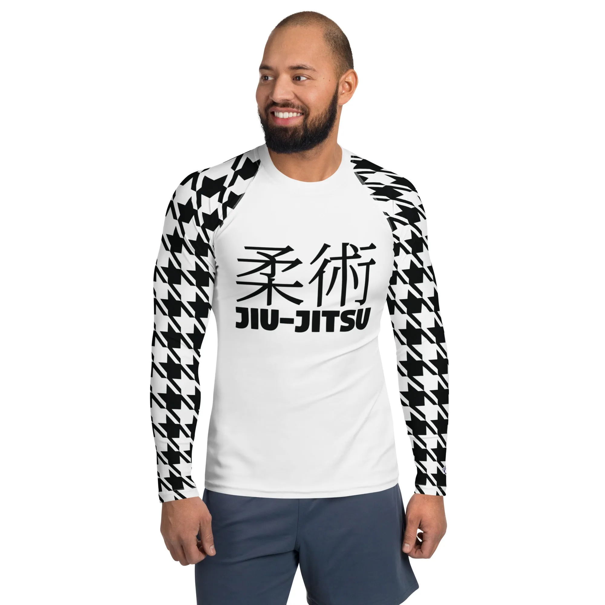 Old School Chic: Men's Classic Jiu-Jitsu Houndstooth BJJ Rash Guard Blanc