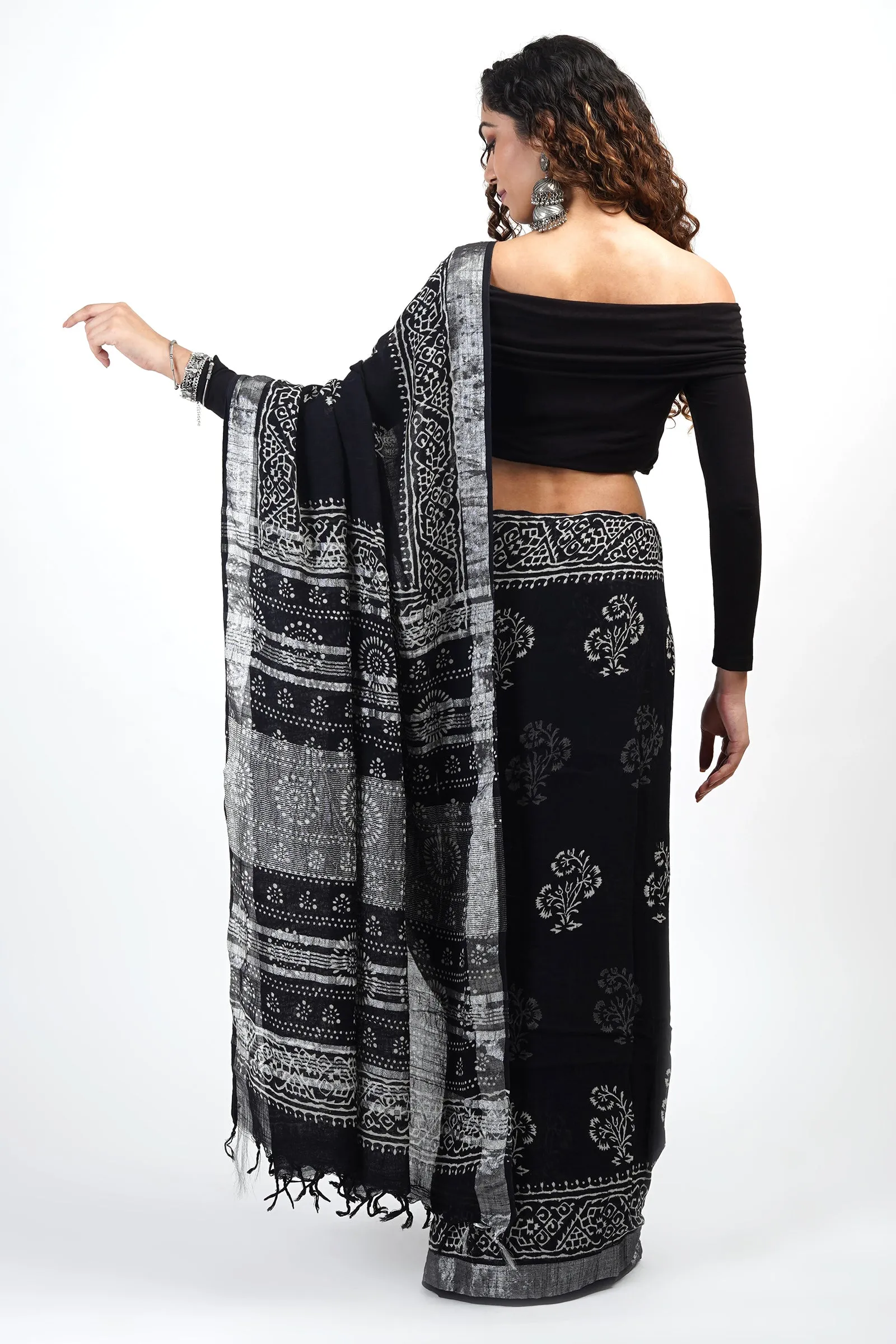 Teejh Chandani Black Block Print Linen Saree With Blouse Piece