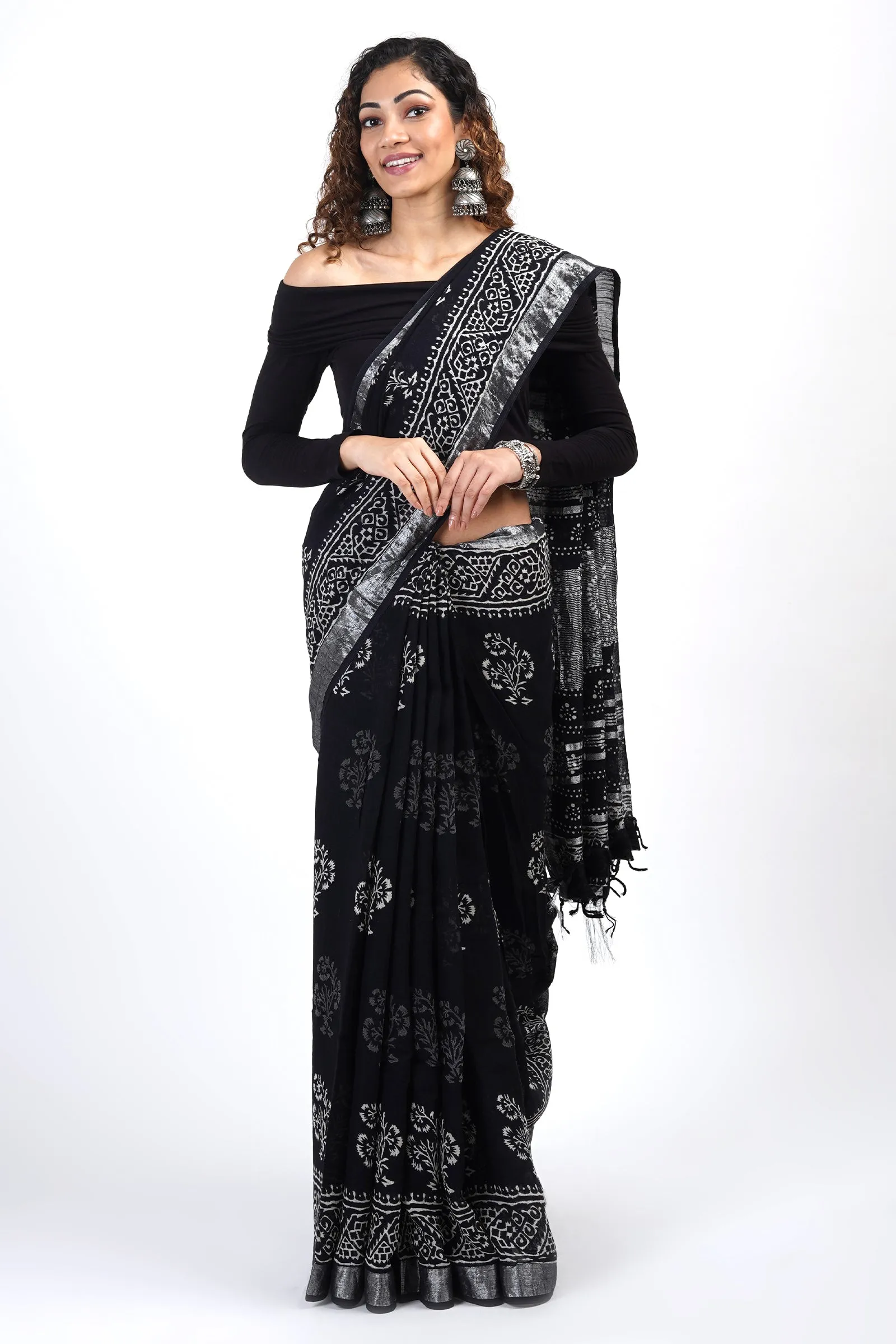 Teejh Chandani Black Block Print Linen Saree With Blouse Piece