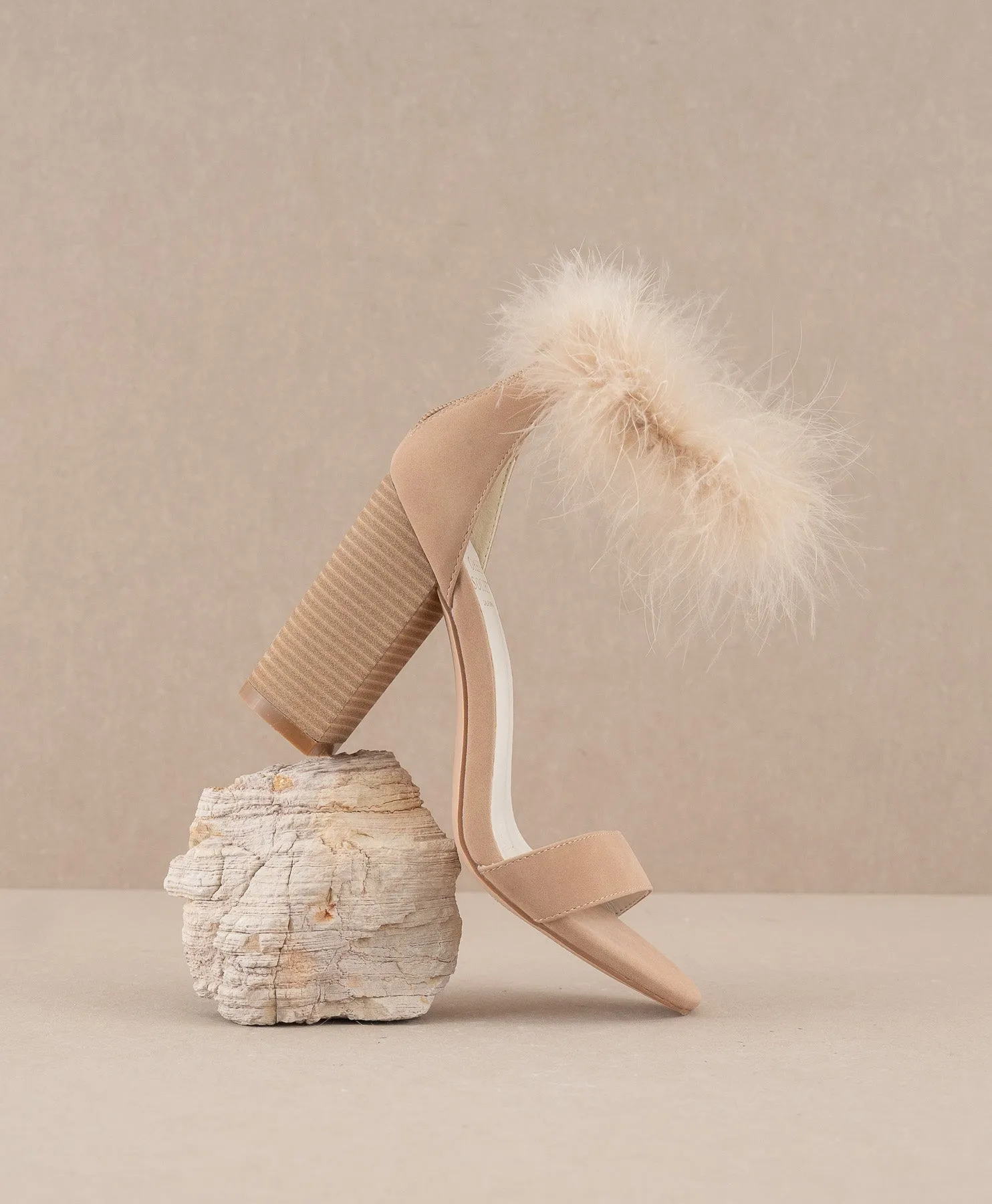 The Sasha | Nude Feathered ankle block heel