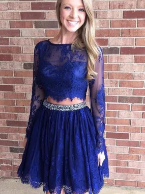 Two Piece Homecoming Dress Lace Long Sleeve Homecoming Dress ER208