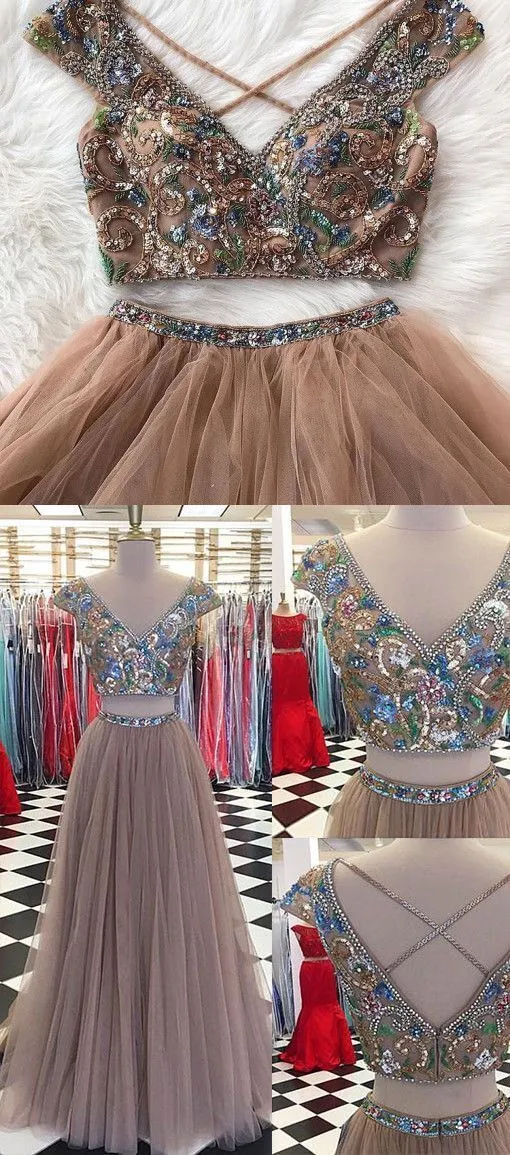 Vintage Two Piece Prom Dress V Neck Tulle Plus Size Prom Dress #ER502