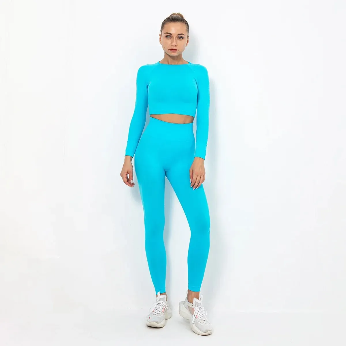 Women Seamless Long Sleeve Top And Leggings Set Yoga Workout Suit