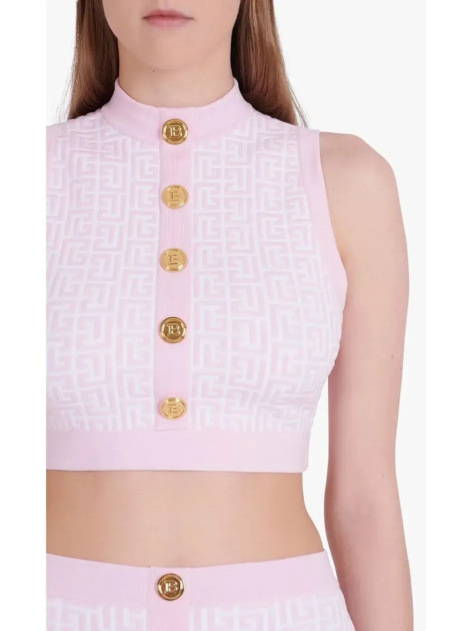 Women’s Bicolor Jacquard Crop Top with Monogram Print, Pink